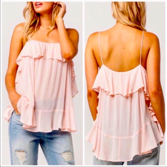 Free people light pink ruffle trim tank top size-xs - Picture 1 of 3